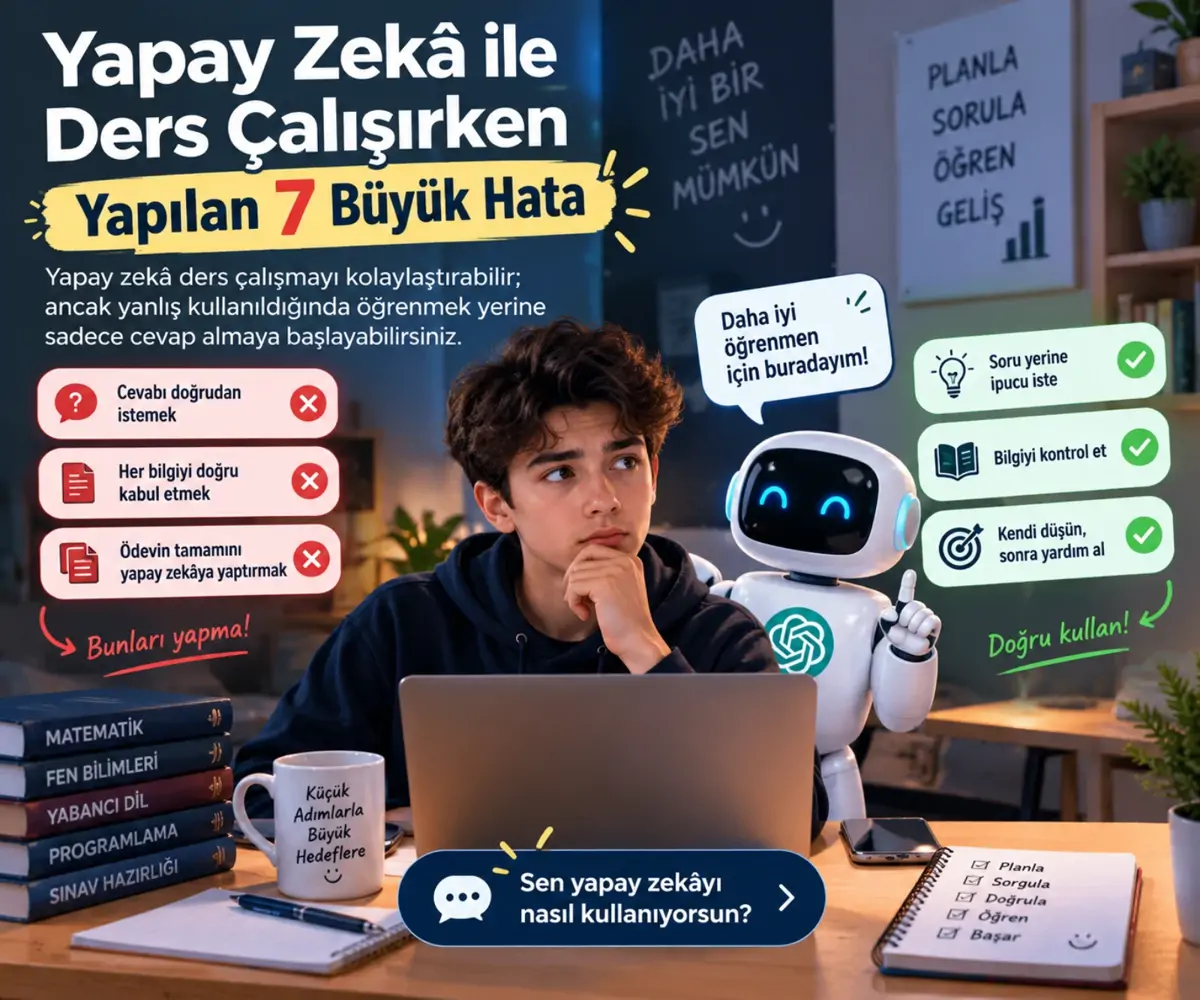 İsmail Kurt — Yapay Zekâ ile Ders Çalışırken Yapılan 7 Büyük Hata (görsel)